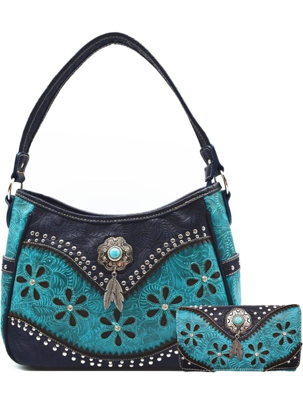 Floral Tooled Western Shoulder Bag & Wallet Set - Stylish Country Purse for